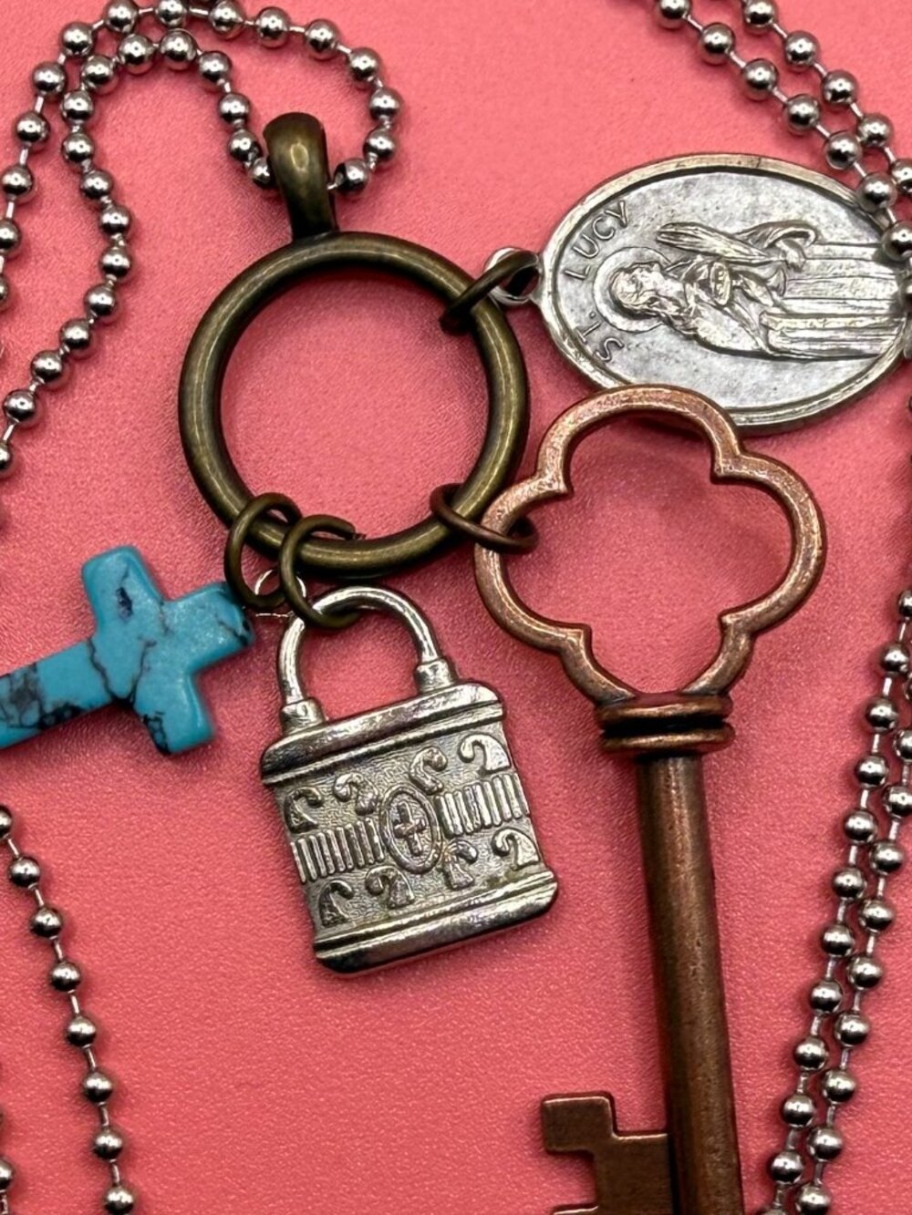 Vintage Saint Lucy Religious Medal Cross Skeleton Key Charm Necklace